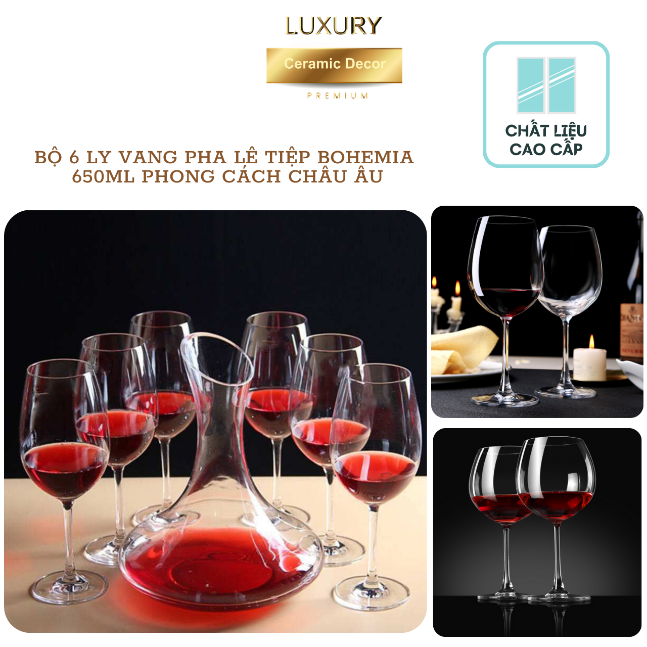 Bộ Ly 6 Set Rượu Vang Pha Lê BOHEMIA 650ML Phong Cách Châu Âu - Hàng Nhập Khẩu