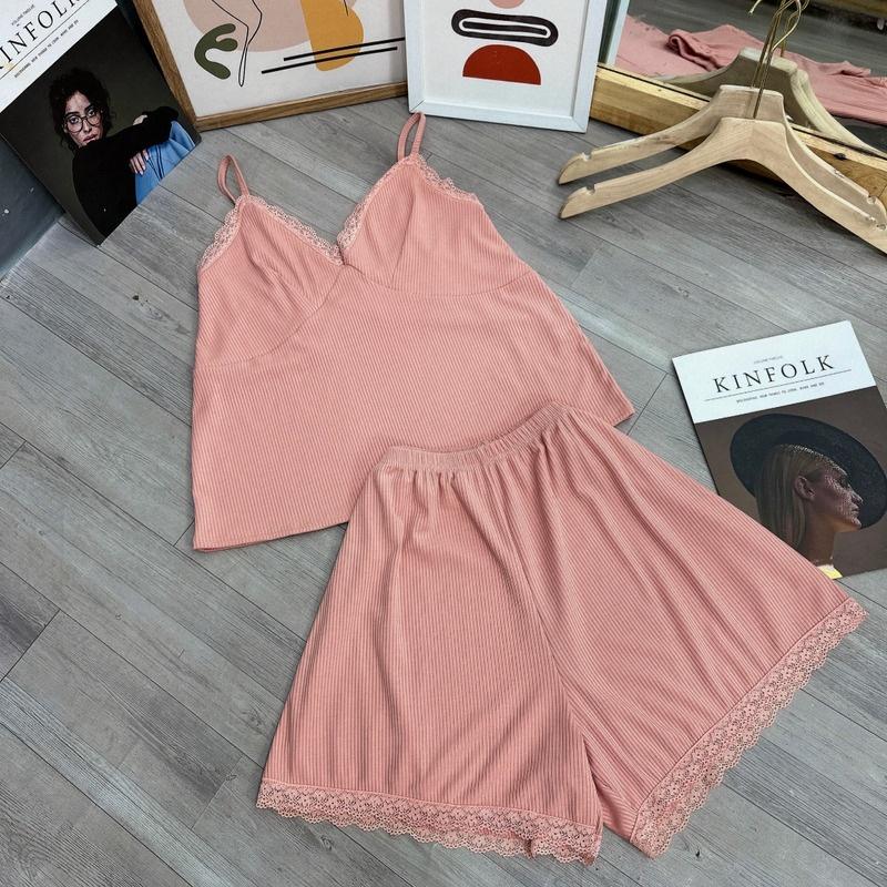 Set đồ bigsize áo dây viền ren kèm quần đùi ren chất gân tăm co giãn BIGSIZE CÔ NHỎ, Quần short áo thun - G124