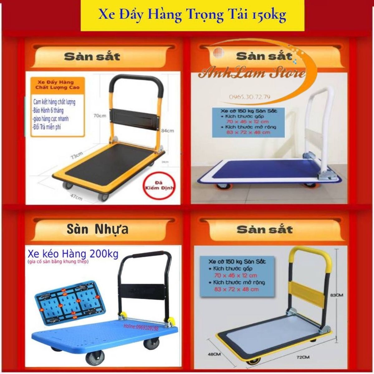 Xe Đẩy Hàng, Xe Kéo Hàng gấp gọn ANHLAM trọng lượng lớn 150kg - 300kg