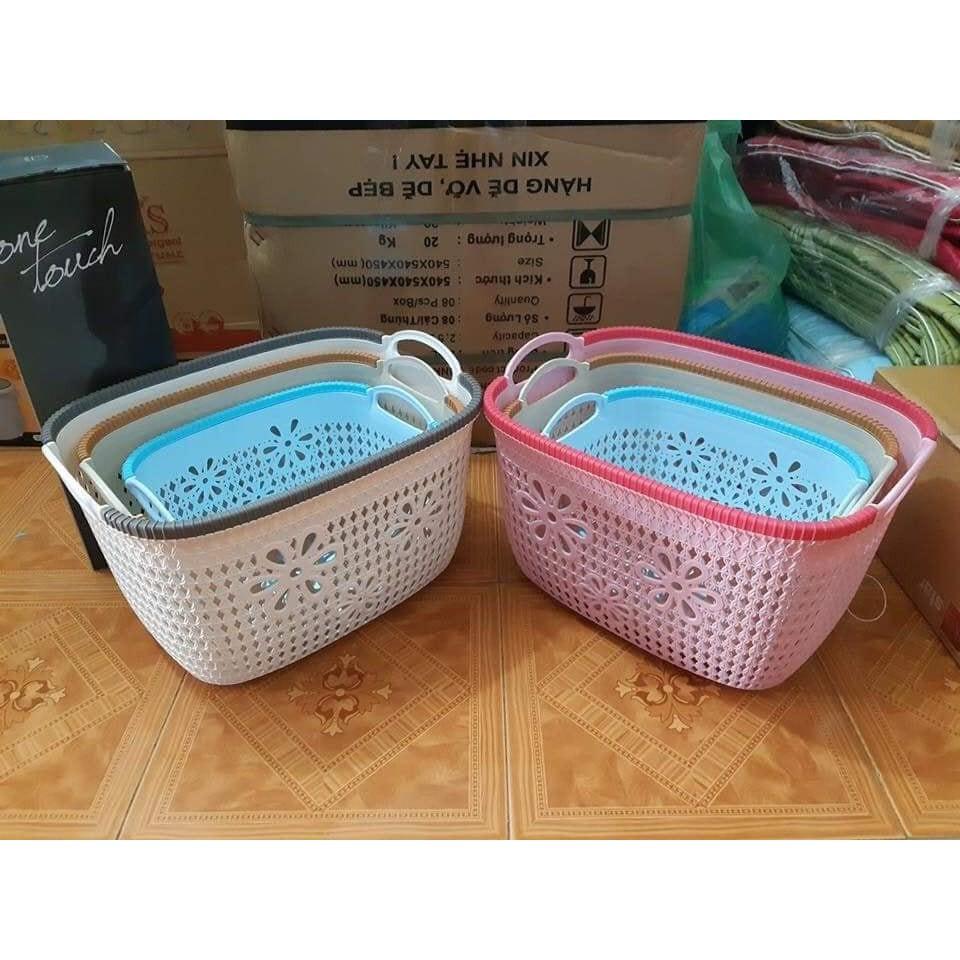 Combo 3 chiếc Rổ nhựa giả đan mây đựng đồ có quai cầm | Giỏ nhựa đan Hàn Quốc nhựa VN MS 3378