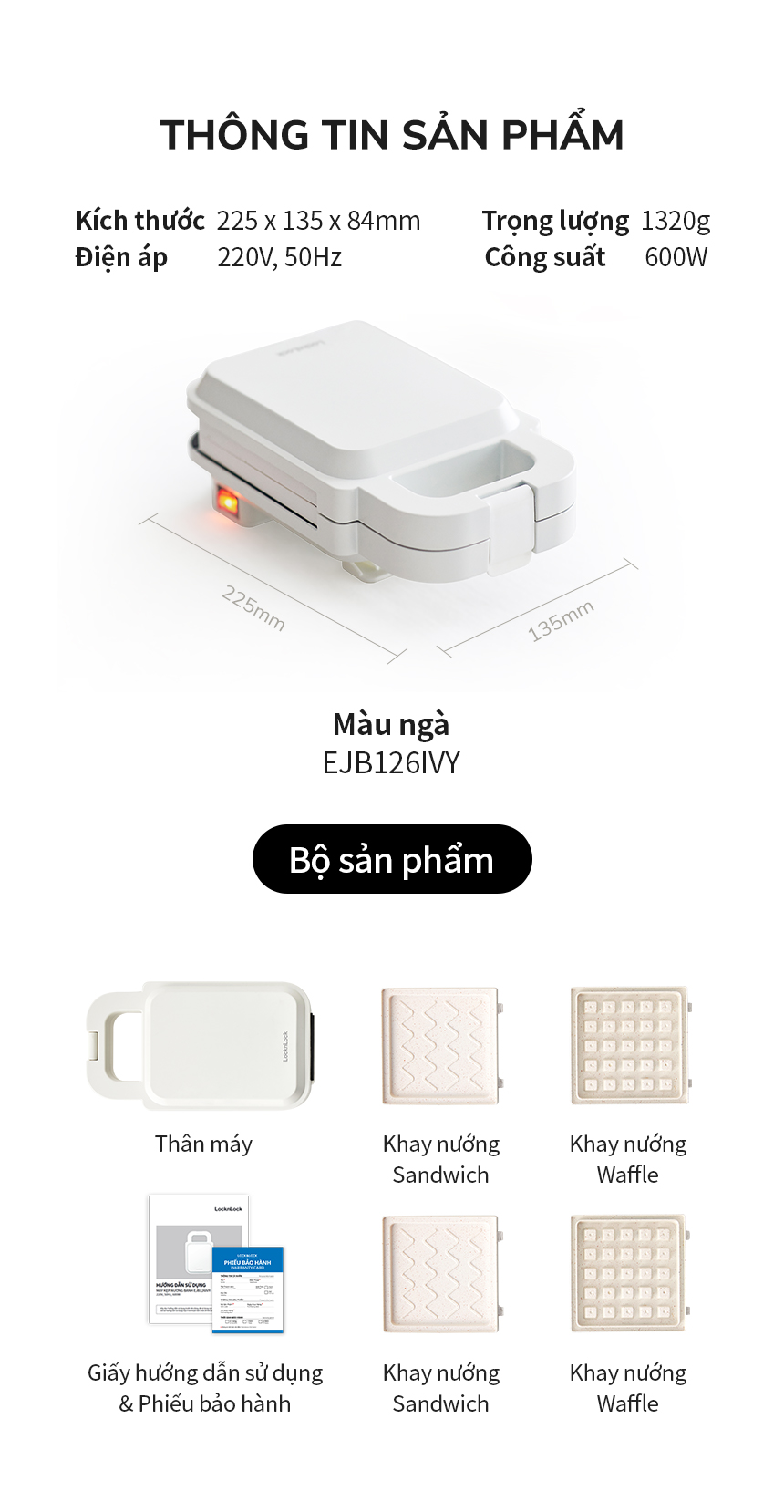 Máy kẹp nướng bánh LocknLock EJB126IVY - Hàng Chính Hãng