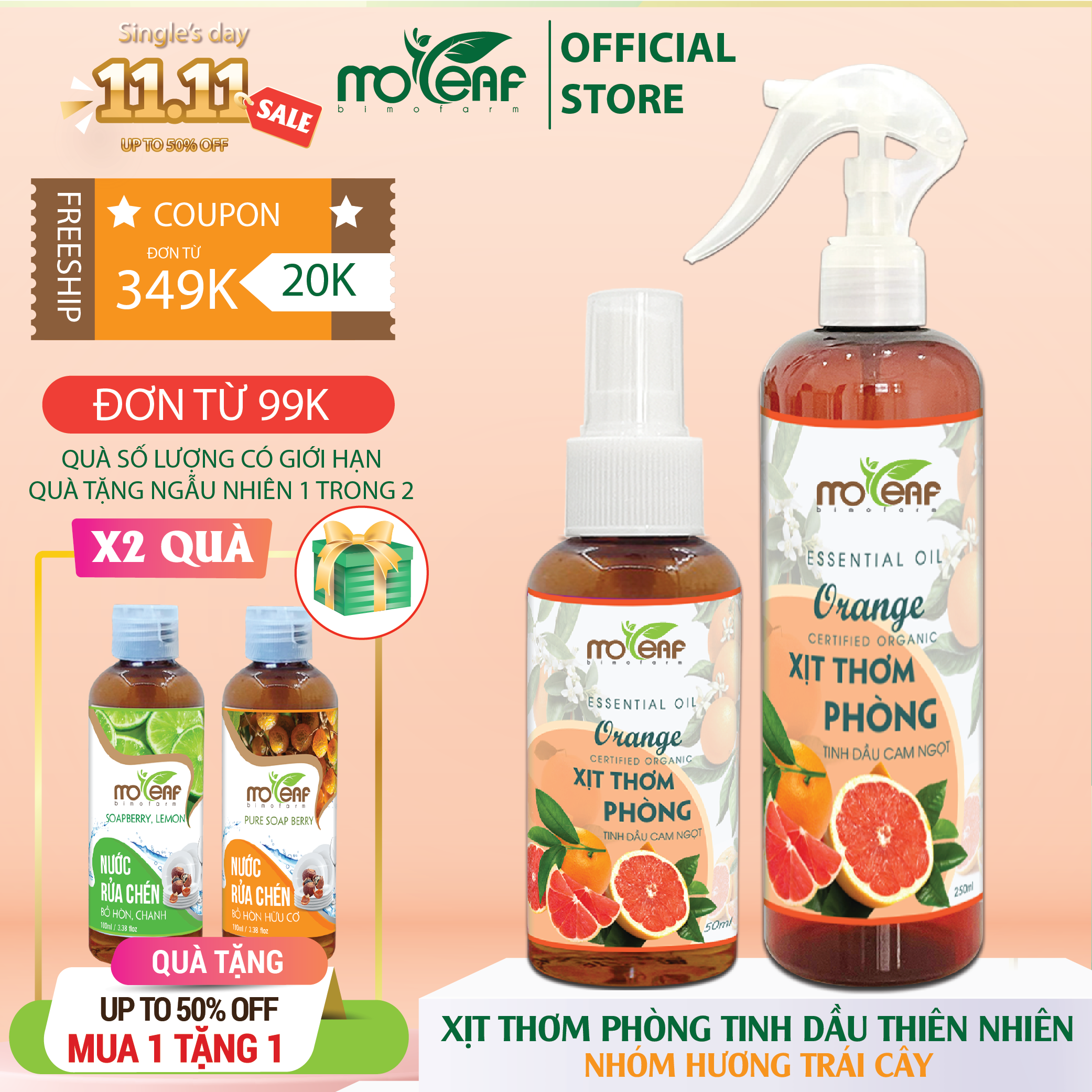 Xịt Thơm Phòng Tinh Dầu Cam Ngọt Moleaf Khử Mùi Thơm Mát Thư Giãn 250ml