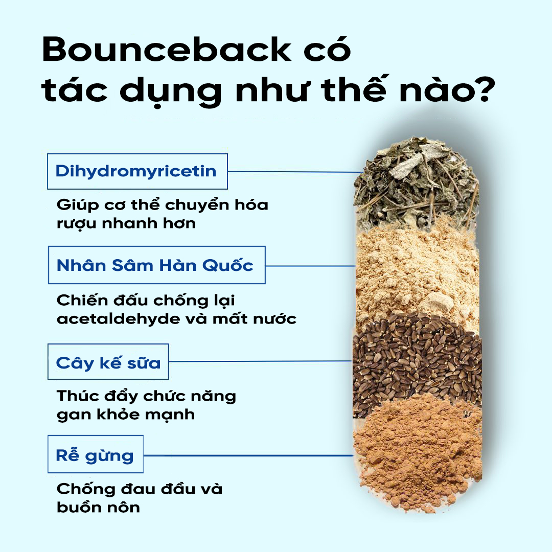 Bounceback - Thuốc giải rượu, hỗ trợ giải độc và bảo vệ gan, hạn chế các triệu chứng như mẫn đỏ, buồn nôn sau những cơn say - Sản phẩm hàng đầu Singapore - Hộp 40 viên