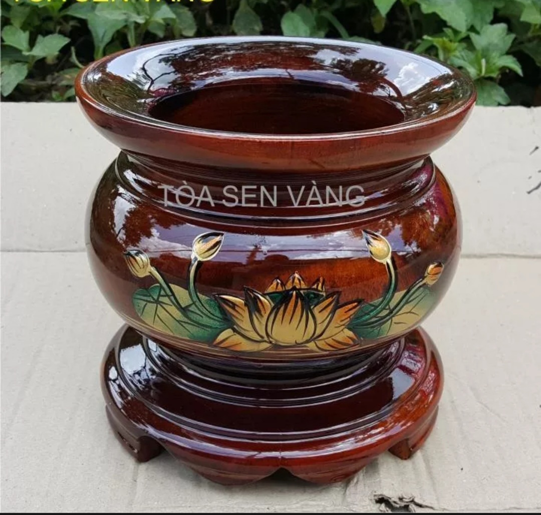 Bát nhang,lư hương gỗ xoan đào hoạ tiết hoa sen kích thước 18cm