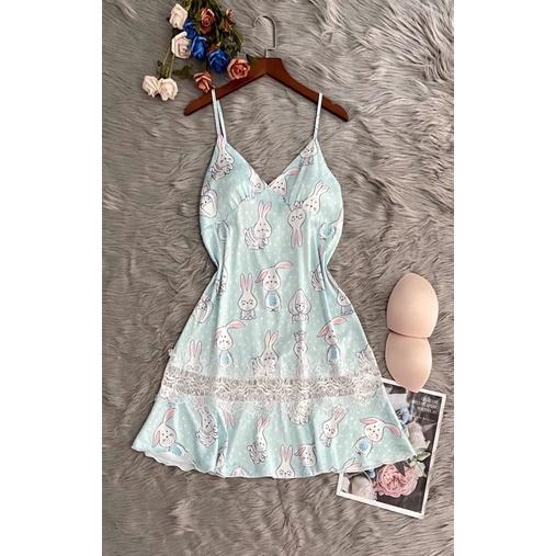 Váy ngủ lụa latin 2 dây đuôi cá phối ren freesize 42-57kg