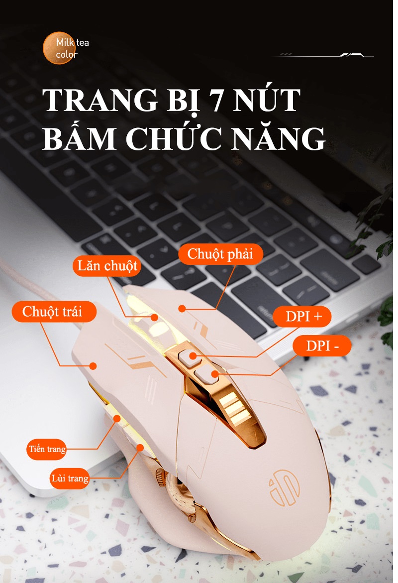 Chuột có dây INPHIC PW5N chuyên game thiết kế màu trà sữa mới lạ có đèn led RGB với tốc độ chuột lên đến 4000DPI - JL - HÀNG CHÍNH HÃNG