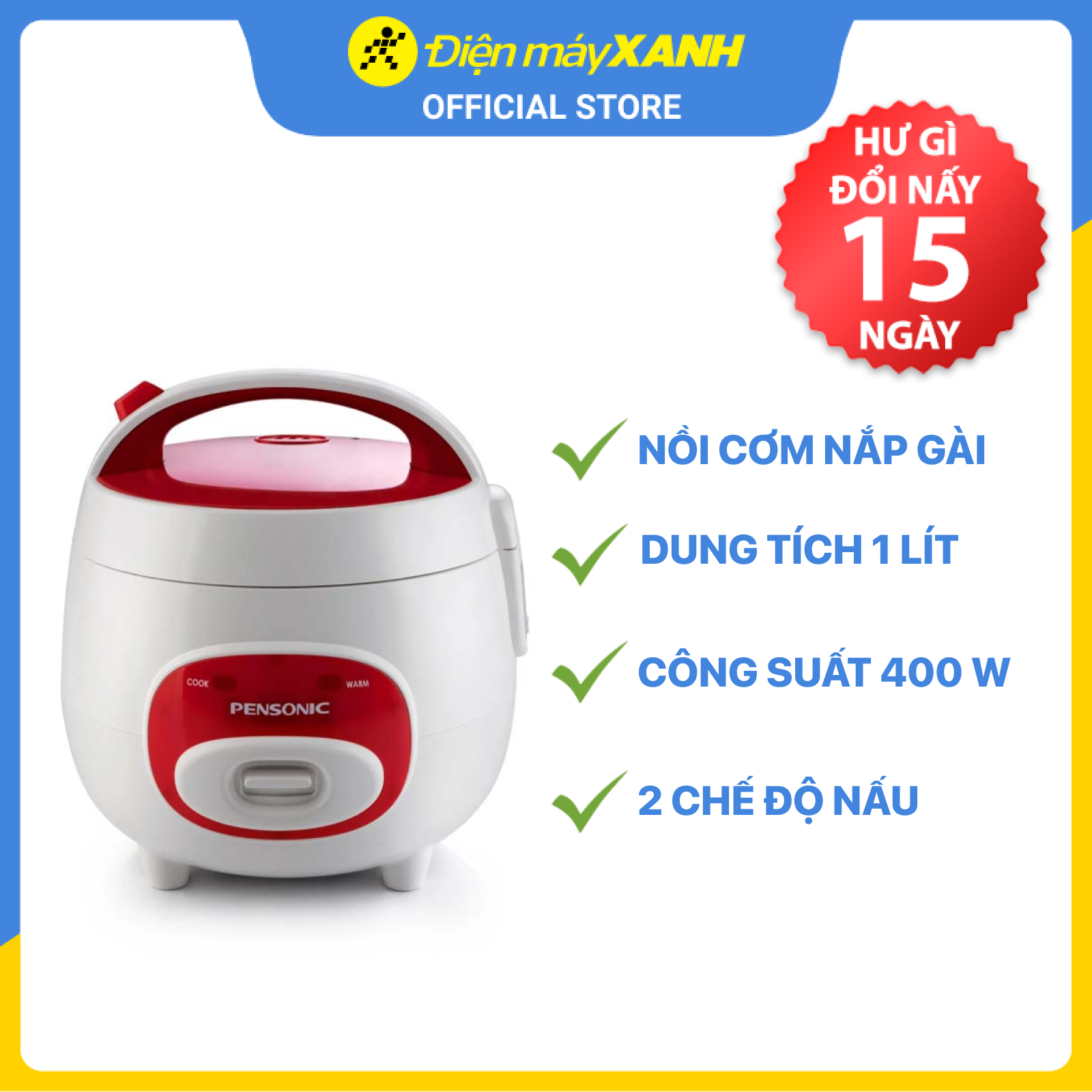 Nồi Cơm Điện Pensonic PSR-1001R (1L) - Trắng Đỏ - Hàng Chính Hãng