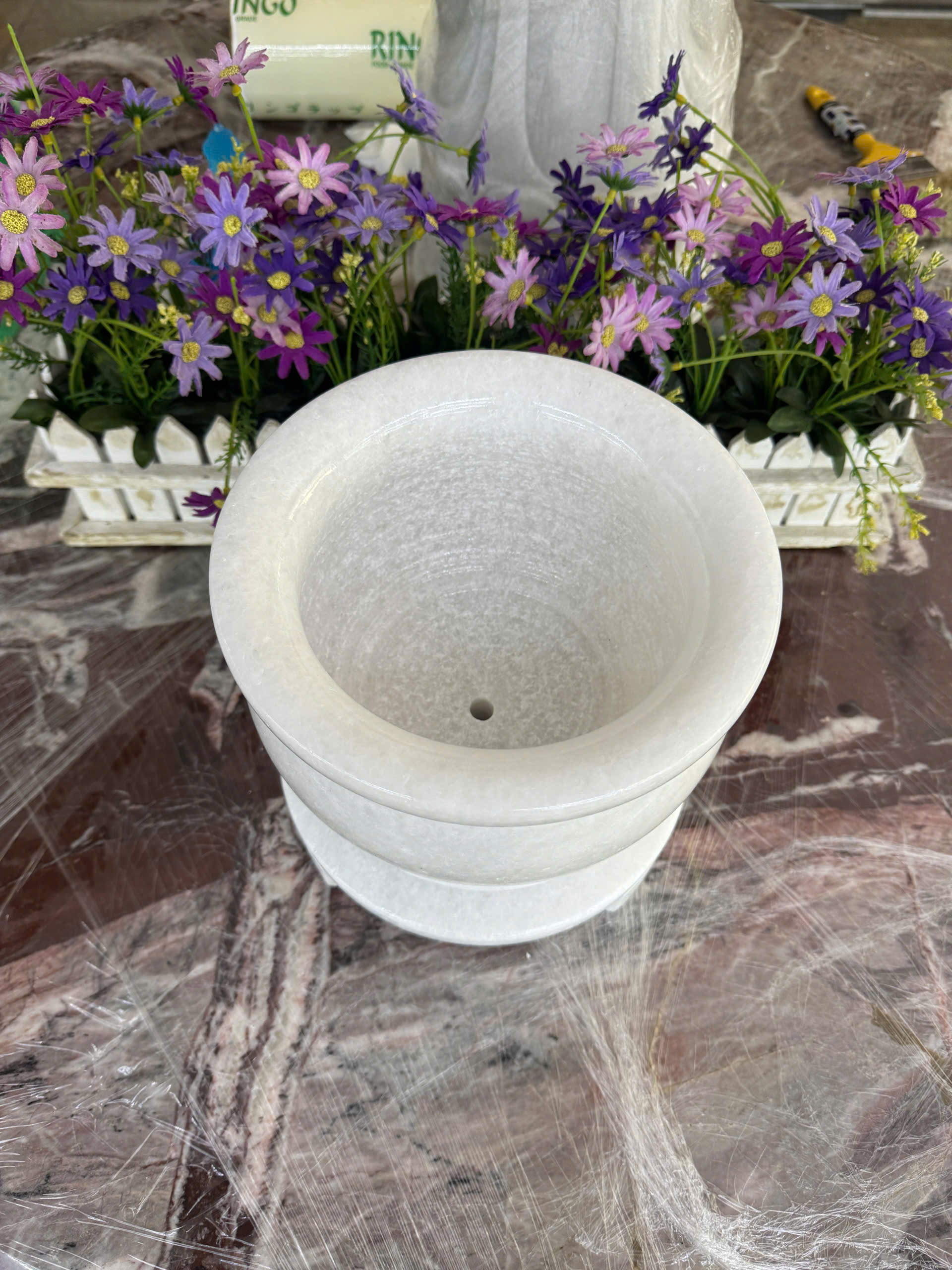 Lư hương, bát hương, bát nhang thờ cúng đặt bàn thờ đá trắng - Cao 20cm