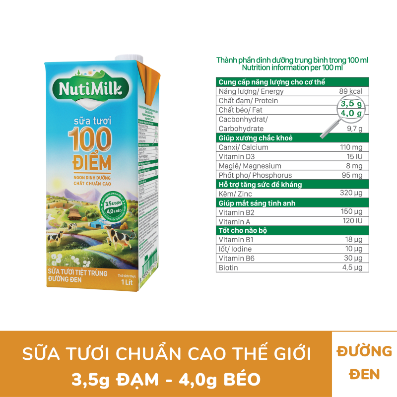 NutiMilk Sữa tươi 100 điểm - Sữa tươi tiệt trùng đường đen Hộp 1 Lít STDD1LTI NUTIFOOD
