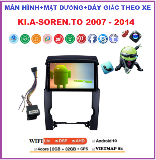 Bộ Màn hình ô tô cho xe KI.A SOREN-TO 2007-2014, màn androi oto kèm mặt dưỡng có dây giắc xe Soren.to kết nối wifi ram2G-rom32G. Đầu dvd oto, dvd ô tô đa chức năng xem camera, youtobe,định vị GPS, dvd gắn taplo.