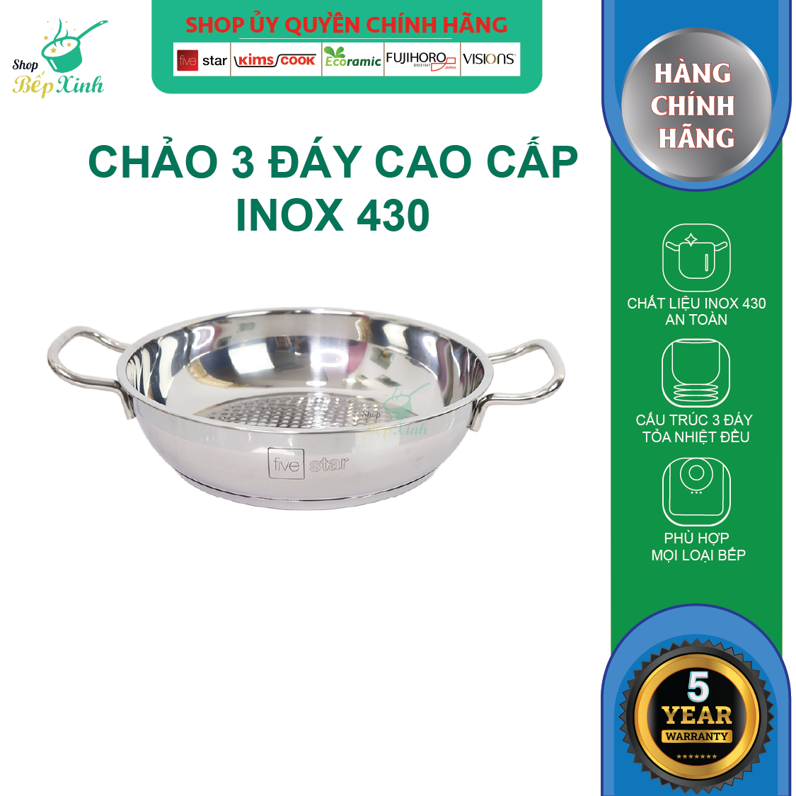 Nồi lẩu xào Fivestar 24cm nắp kính tặng 2 vá canh