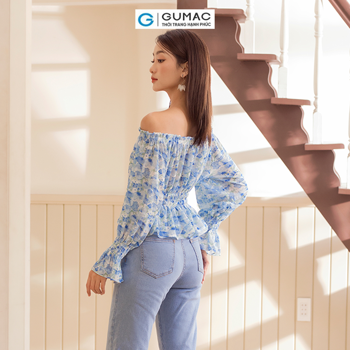 Áo kiểu hoa trễ vai thời trang GUMAC AD06022