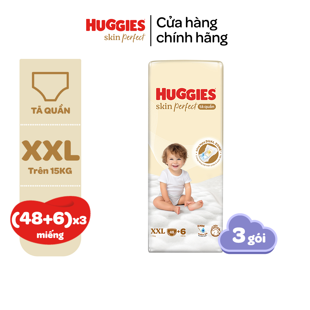 Thùng 3 gói Tã/ Bỉm quần Huggies Skin Perfect M/L/XL/XXL Super Jumbo Với 2 Vùng Thấm Giảm Kích Ứng Da