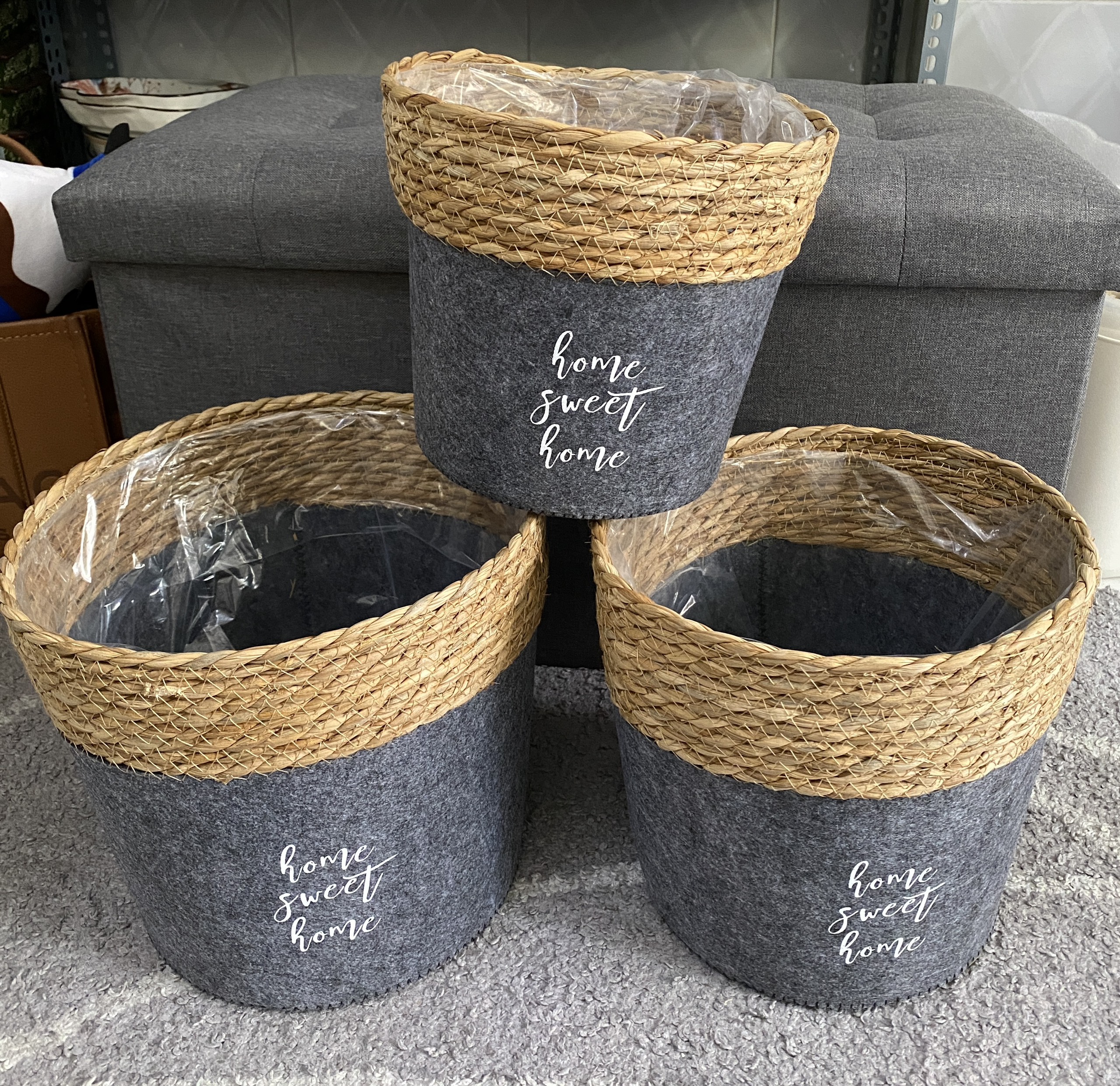 Bộ 3 Cỡ Giỏ Mây Phối Nỉ HOME SWEET HOME