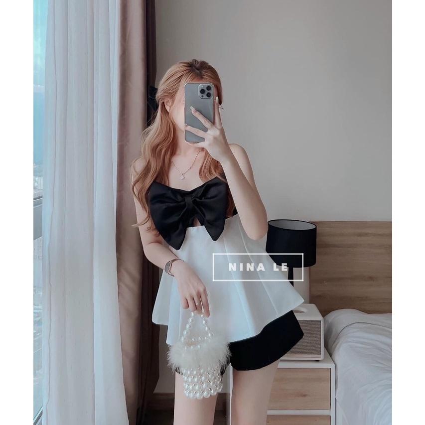 Sét bộ đùi áo 2 dây phối quần ống rộng áo phối nơ bản lớn thích hợp phong cách mùa hè mẫu có 1 màu như hình