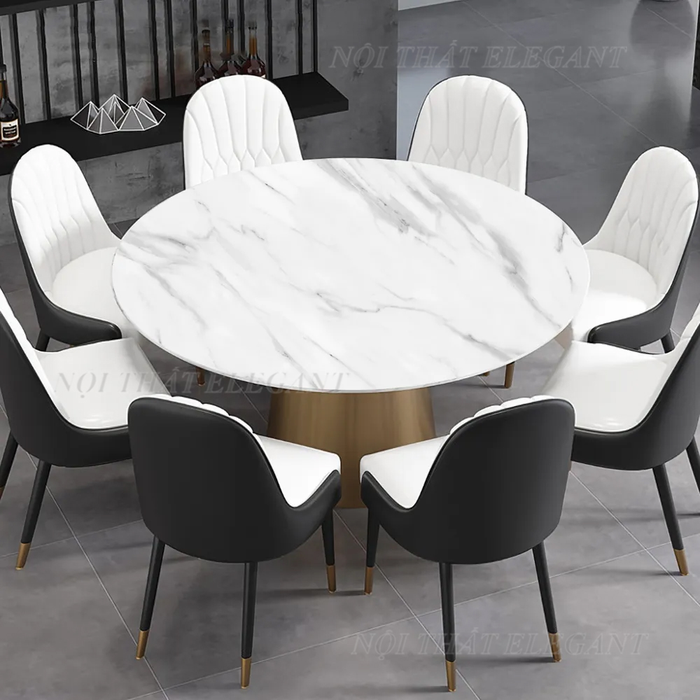 Bộ bàn ăn hình tròn 6 ghế cao cấp, mặt đá Ceramic chống trầy xước, khung kim loại, ghế bọc da PU – EL-BA12