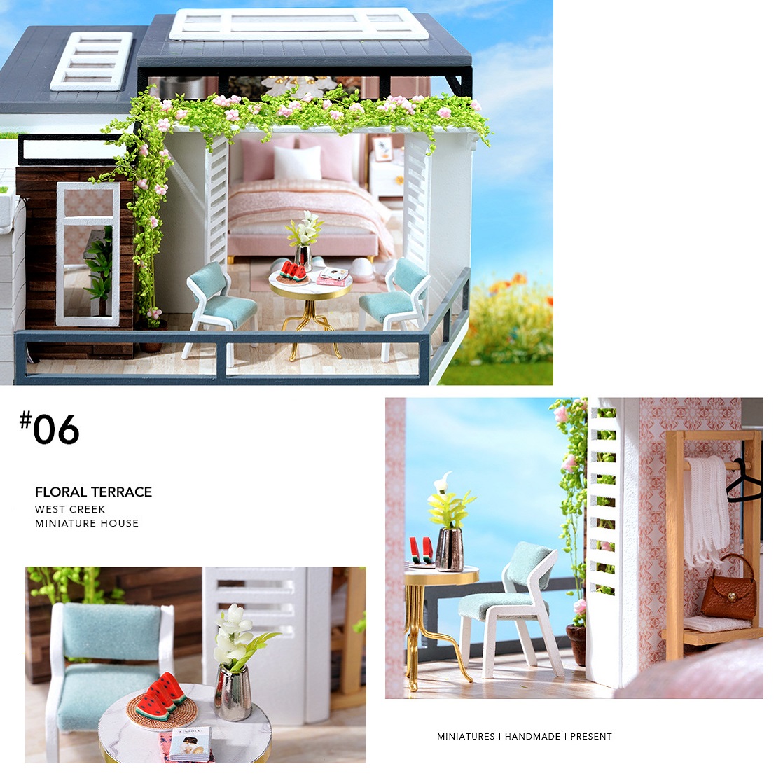 Nhà búp bê tự làm Doll House Miniature- Mô hình  Modern Green Garden- CÓ TẤM CHE BỤI + KEO + CÓT Nhạc