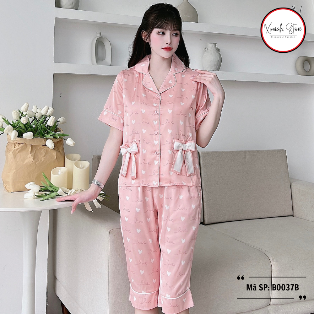 Bộ pijama nữ áo cộc quần ngố họa tiết túi nơ nhiều màu chất lụa cao cấp Xumaki Store BO037B