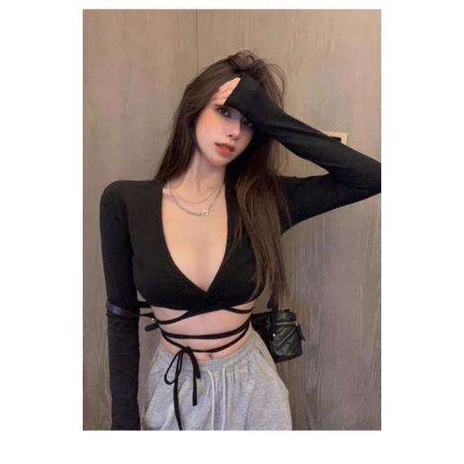 ÁO CROPTOP TAY DÀI DÂY ĐAN CHÉO