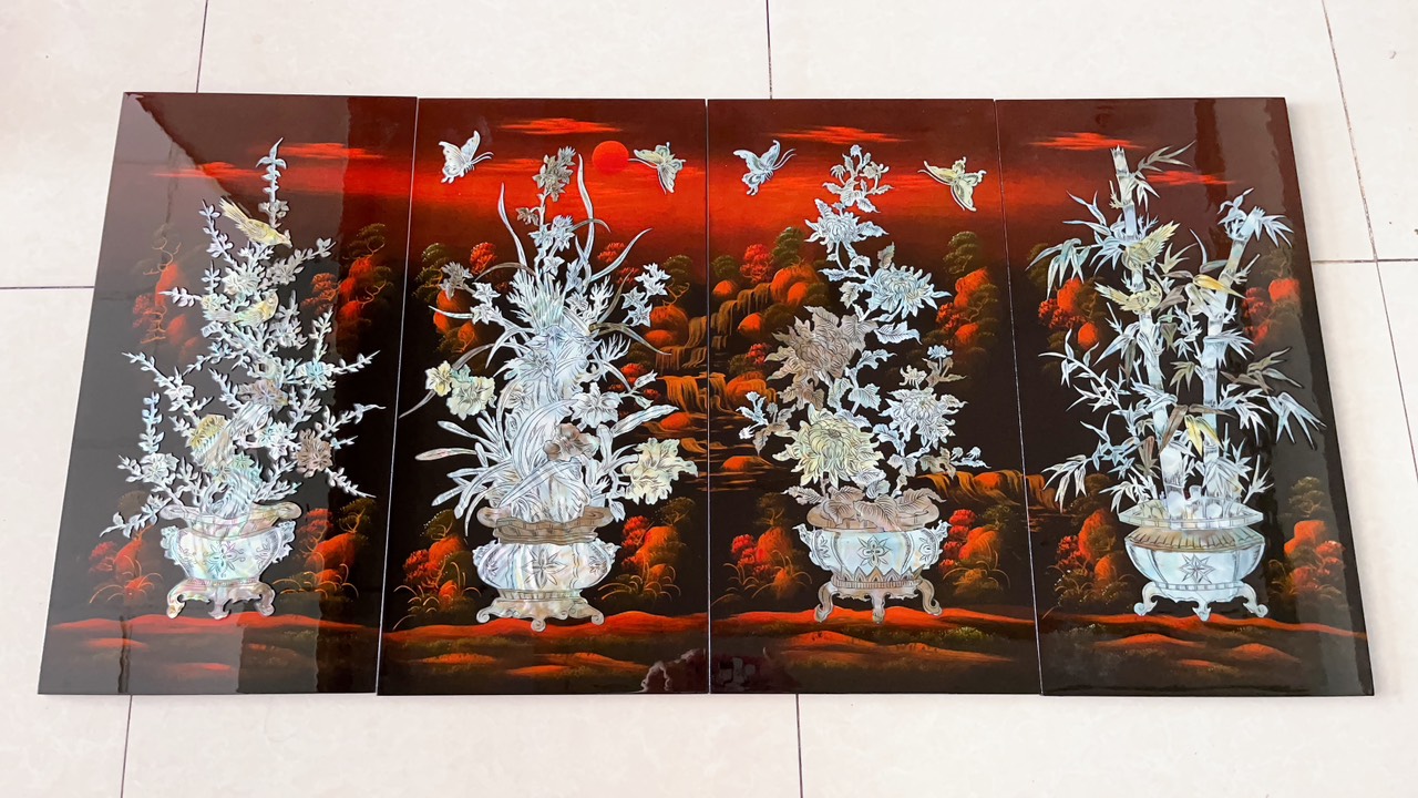Tranh sơn mài 4 mùa Mai Lan Cúc Trúc cẩn ốc nổi size 60x120 cm