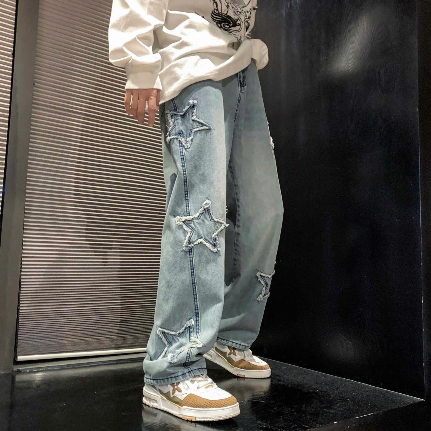 Quần jean ống rộng nam nữ 2N Unisex hình ngôi sao Q10