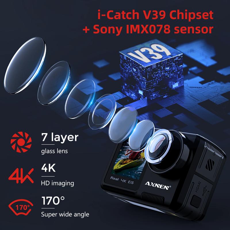 Axnen AX8 4K Action Camera camerproof Cam 4K60fps EIS Sports Video Ghi lại 20MP Hiển thị kép 2 inch Màn hình cảm ứng 1080p webcam