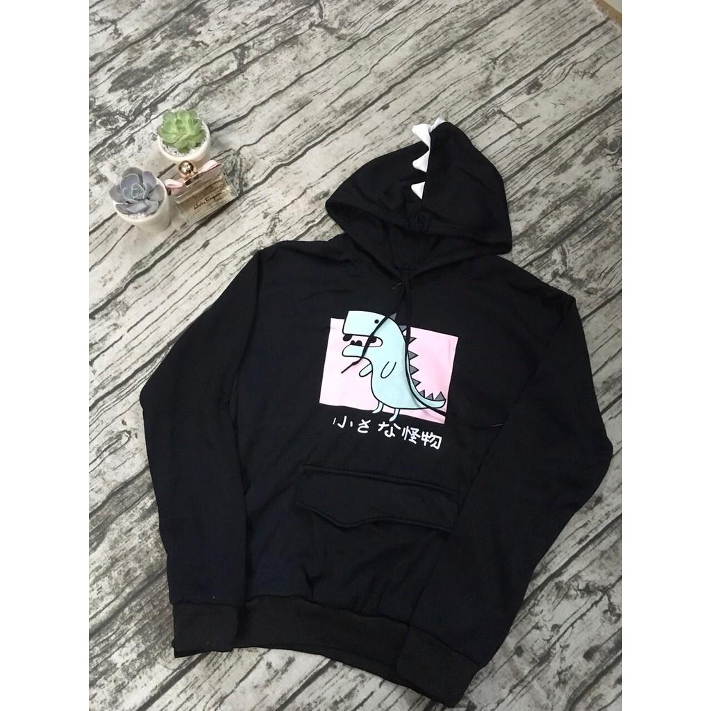 Áo hoodie unisex chất nỉ bông mỏng in hình khủng long. Ảnh thật trải sàn