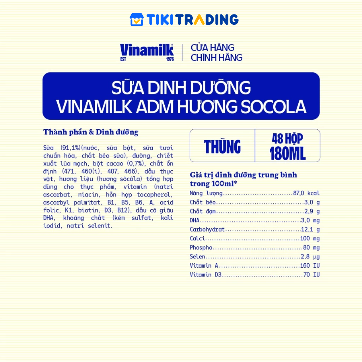 Thùng 48 hộp sữa dinh dưỡng socola Vinamilk ADM 180ml