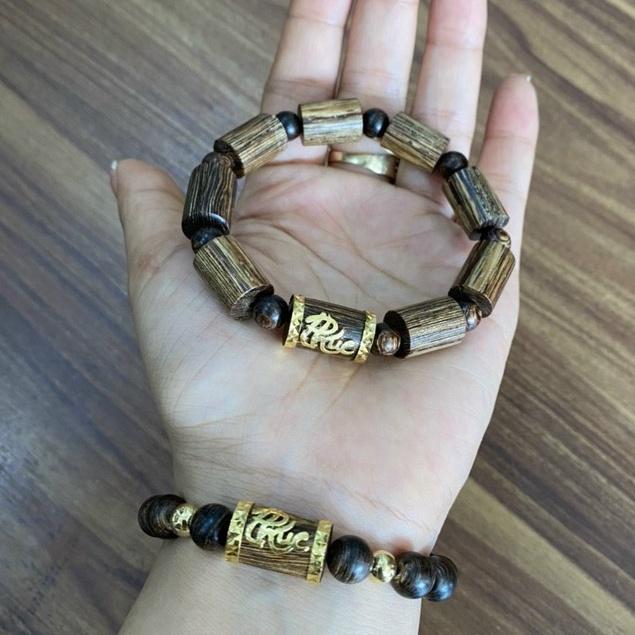 Bộ Đôi Vòng Tay Trầm Hương Sánh Chìm Bọc Vàng Chữ PHÚC Cao Cấp - Nam 10mm Nữ 8mm - Tài Lộc - Hạnh Phúc - Phú Quý