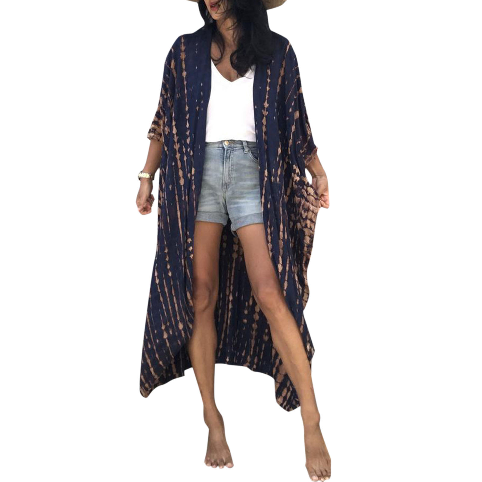 Women Bikini Cover Tie Dyed Striped Self Belted Kimono Cardigan Dress Loose Beach Swimsuit Cover Up