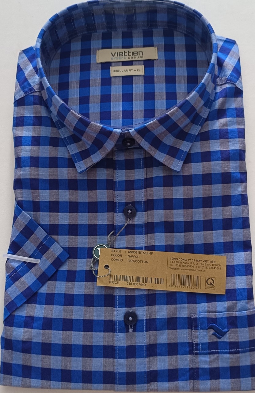 Viettien Áo sơ mi nam Việt Tiến ngắn tay vạt ngang, xẻ sườn Smart Casual Mã 6N0061BT5/SN4F , 100% Cotton