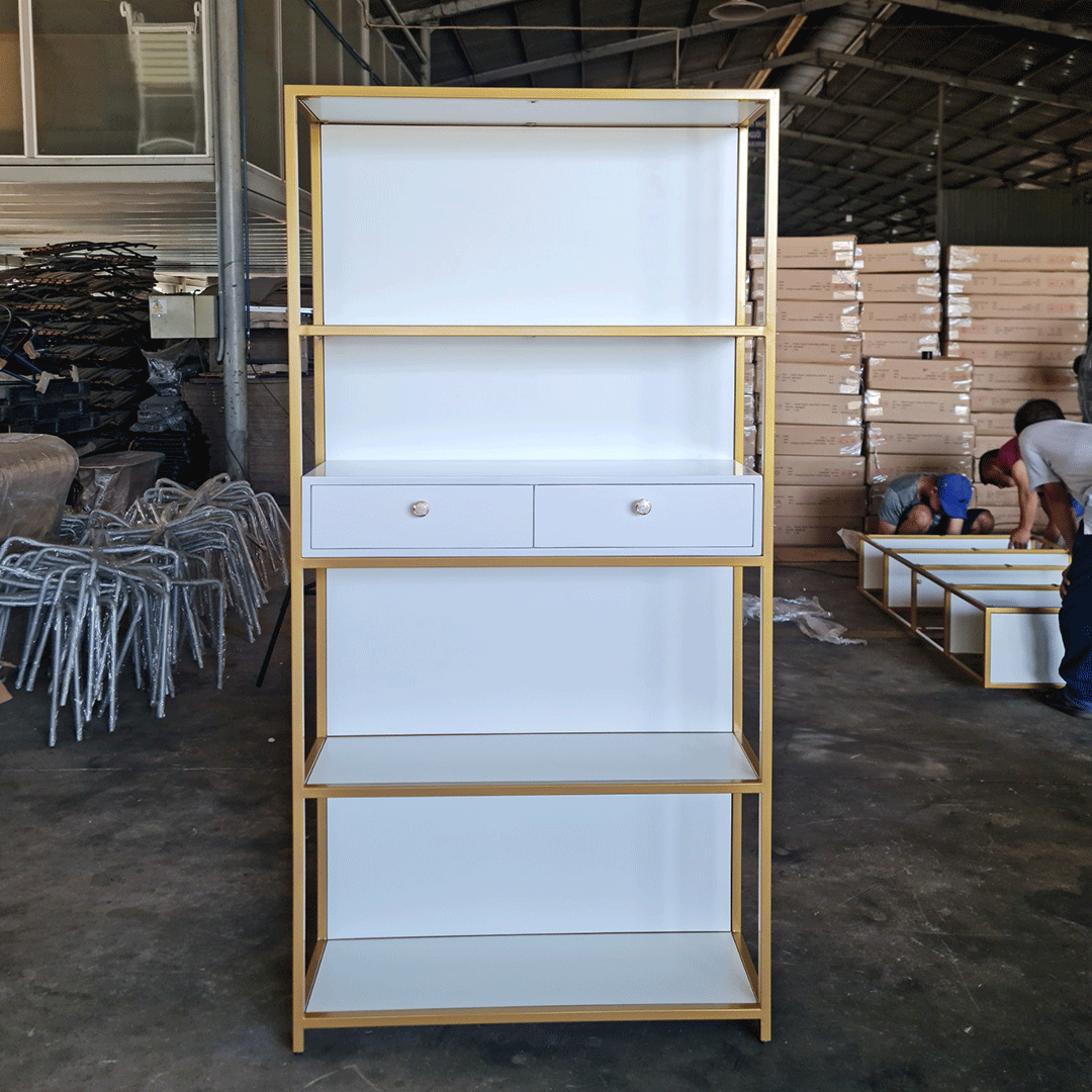 Kệ trưng bày trang trí 2 ngăn kéo trắng IBIE AK020 mặt gỗ, khung sắt sơn tĩnh điện, tùy chọn kích thước, màu sắc