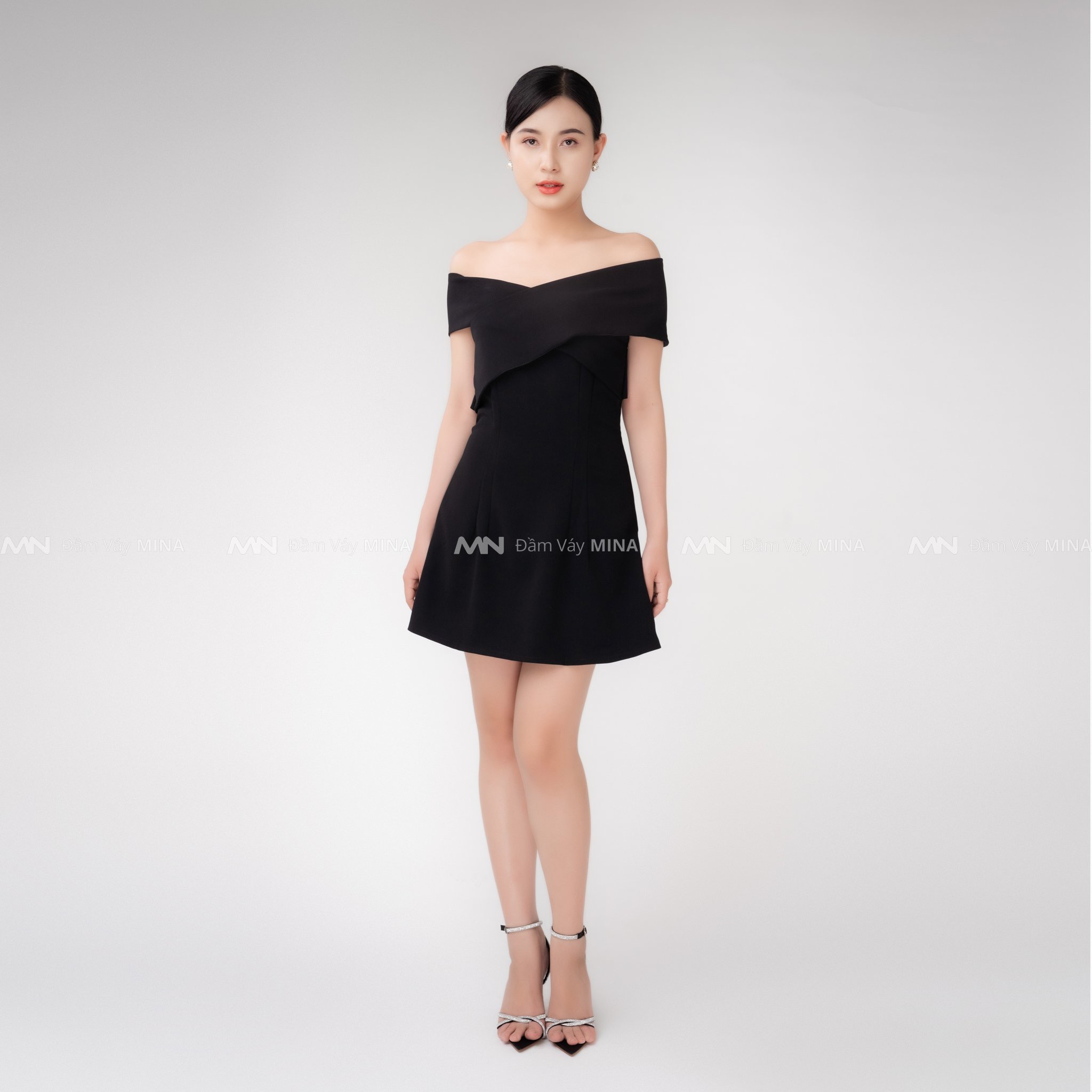 Đầm dáng suông đen tuyết mưa chéo vai dự tiệc đi chơi dạo phố công sở - MN138 - Đầm Váy Mina