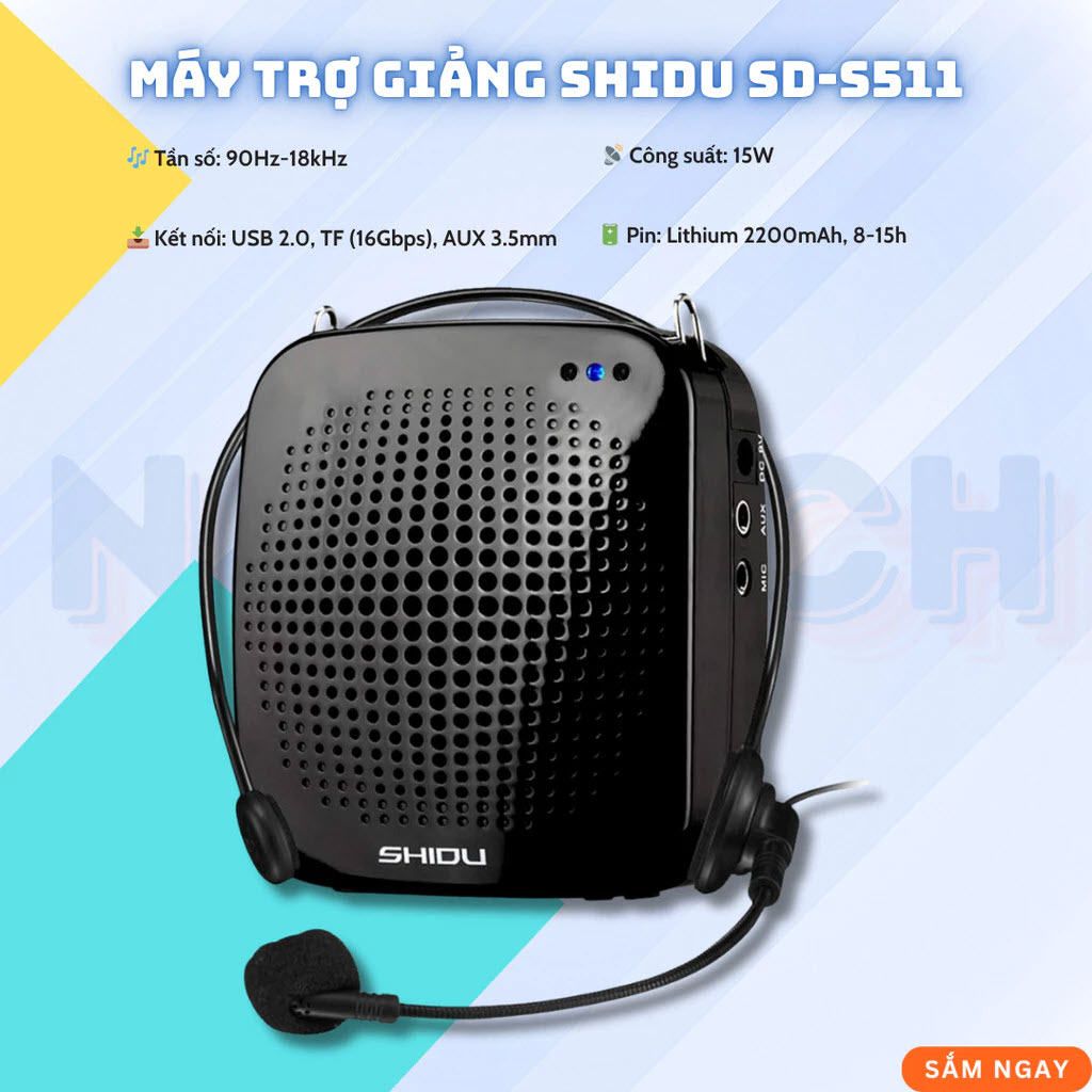 MÁY TRỢ GIẢNG SHIDU SD-S511 CÓ DÂY 15W PIN 2200MAH HIFI ÂM THANH. Loa trợ giảng Shidu S511 – Công suất 15W, Tần số 50Hz – 17KHz, Kết nối đa dạng USB Thẻ nhớ gắn ngoài AUX, Pin Lithium 2200mAh 10-15 tiếng sử dụng, Bảo Hành 12 Tháng. Hàng Chính Hãng