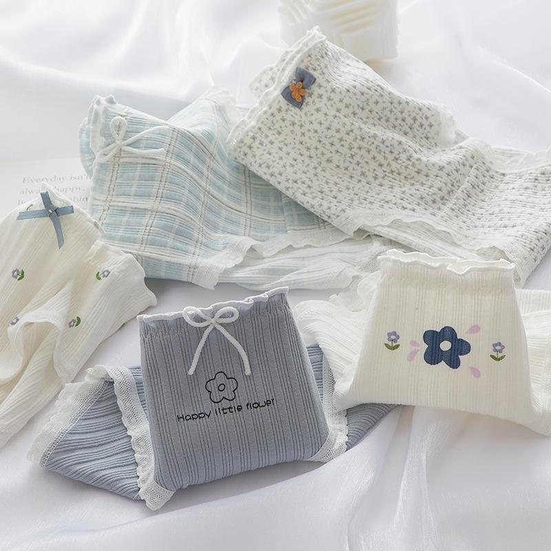 Quần lót nữ cotton gân tăm cao cấp hoa nhí xanh năm cánh 2829