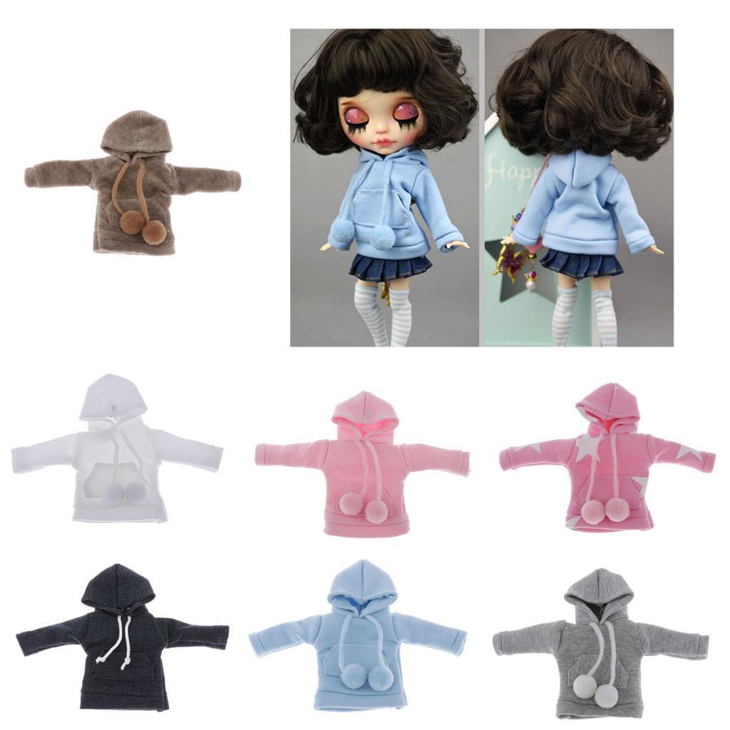 BJD Doll Long Sleeve Hoodie Outfit for Blythe 12inch Doll Clothing Dress up Blue