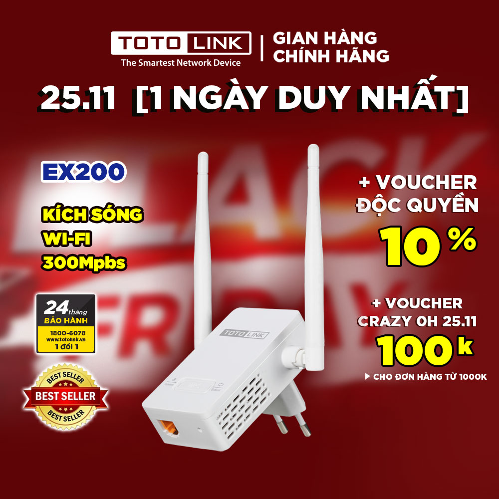 TOTOLINK EX200_V2 - Mở rộng sóng Wi-Fi chuẩn N 300Mbps Hàng chính hãng