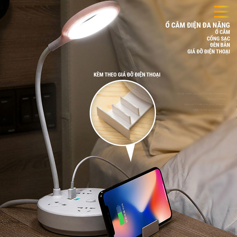 Ổ Cắm Điện Tròn NAVIVU Kết Hợp Đèn Bàn, Cổng Sạc USB, Dây Chịu Tải 2500W, Chống Cháy