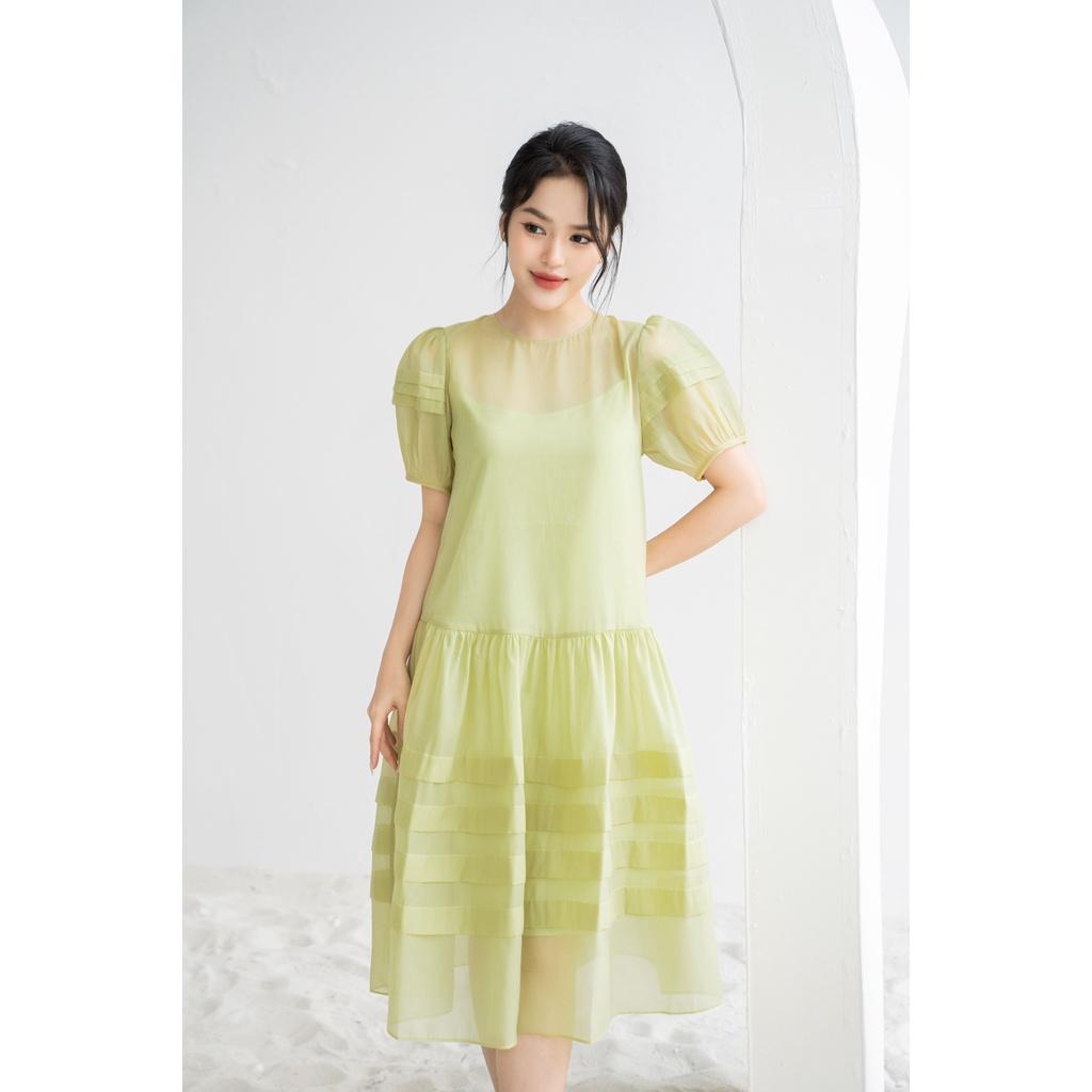 SHEAZ Đầm dáng baby xòe tơ màu xanh bơ cúc ngọc trai đá