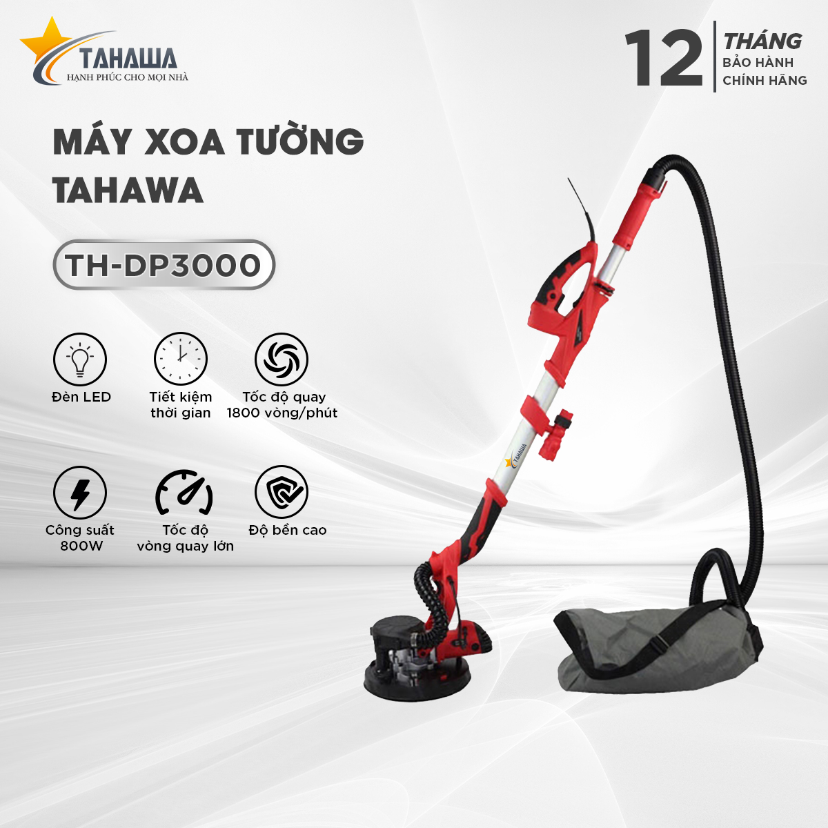 MÁY XOA TƯỜNG TAHAWA TH-DP3000 được trang bị công suất hoạt động 800W và Thiết bị có công suất hoạt động mạnh mẽ