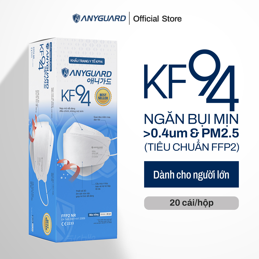 Khẩu Trang Y Tế Hàn Quốc KF94 Chính Hãng ANYGUARD Tiêu Chuẩn kháng bụi Châu Âu FFP2 Lọc 94% Bụi Mịn tới PM2.5, 4 Lớp Ngăn 99% Vi Khuẩn, An Toàn Cho Da Nhạy Cảm (Hộp 20 Chiếc)