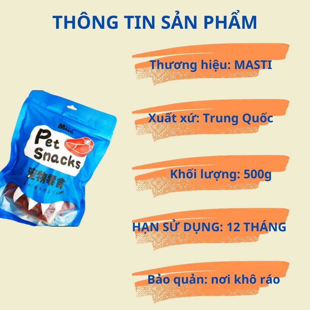 Snacks thịt bò sấy MASTI ăn vặt cho chó mèo,  bổ sung canxi, làm sạch răng - gói 500g