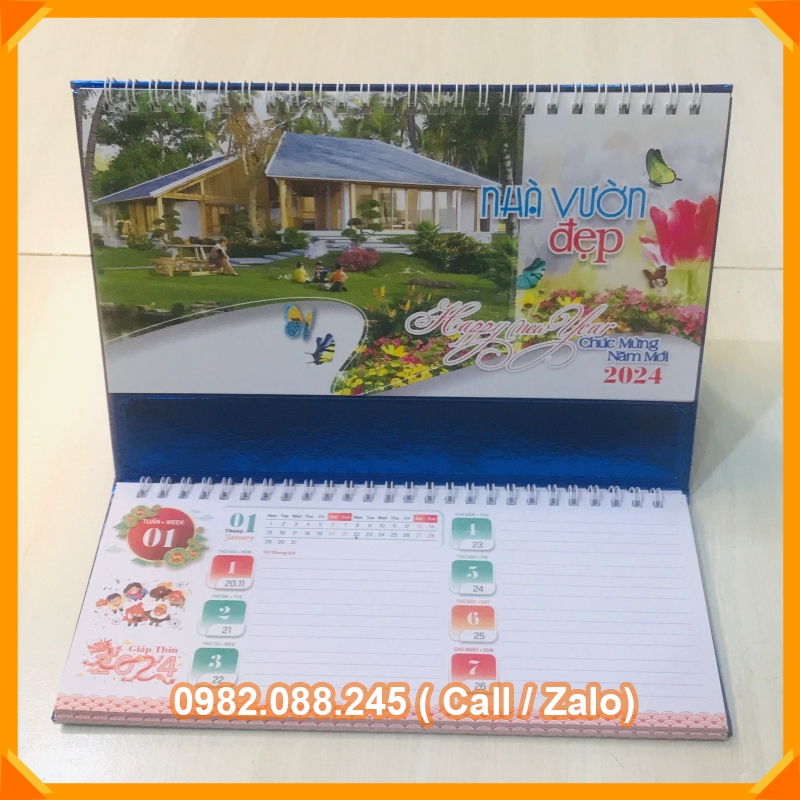 Lịch để bàn 2024 chữ M có dải note ghi chú ngày, tuần, đủ ngày âm dương