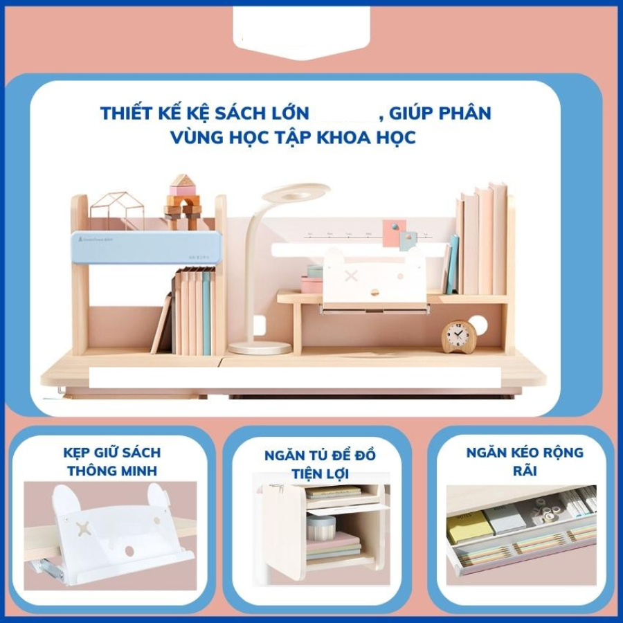 Bàn học cho bé S03 bàn học thông minh có kệ cho học sinh chống gù chống cận