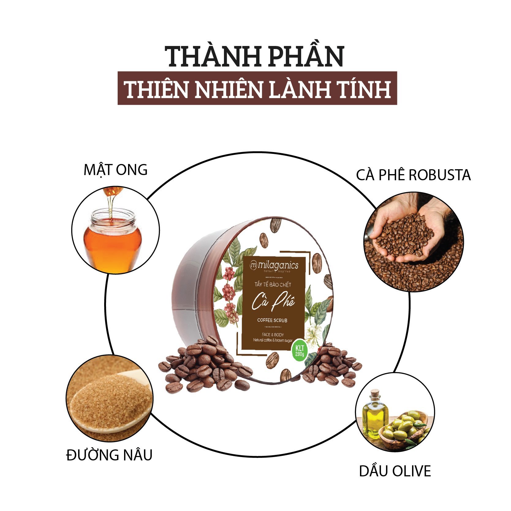 Scrub Tẩy Da Chết Body &amp; Mặt Từ Cà Phê Robusta Trắng Da, Giảm Thâm Nám MILAGANICS ( 280gr/ Hũ )