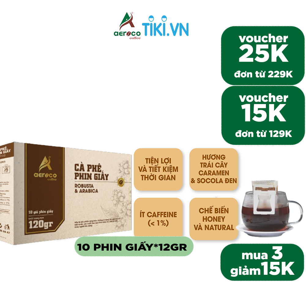 [Hộp 10 túi*12g] Cà phê phin giấy AEROCO nguyên chất 100% rang mộc hậu vị ngọt thơm quyến rũ