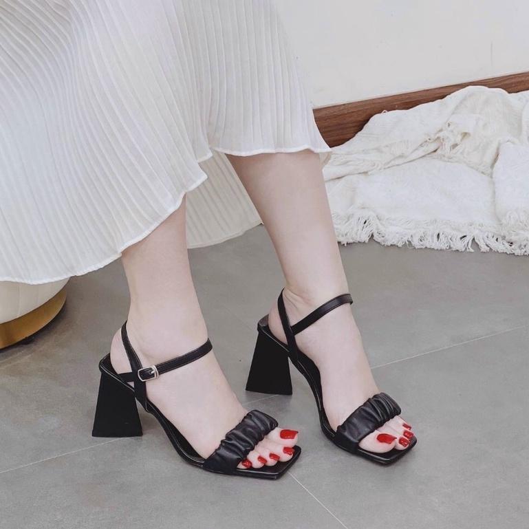 Giày Sandal nữ CAO GÓT 7P QUAI NGANG NHÚN BÈO GÓT TAM GIÁC (7PNBTG)