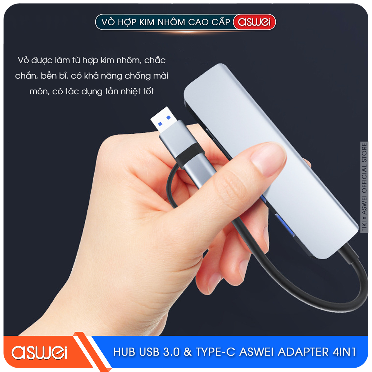 Hub USB 3.0 Và Hub Type C ASWEI 4 in 1 To 4 USB 3.0 - Hàng Chính Hãng