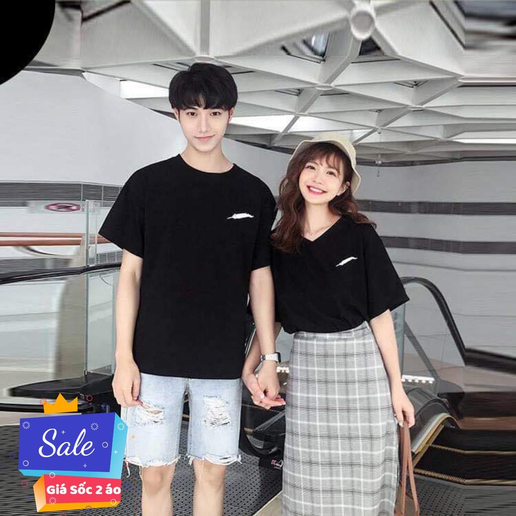 áo đôi nam nữ màu đen cổ tim
