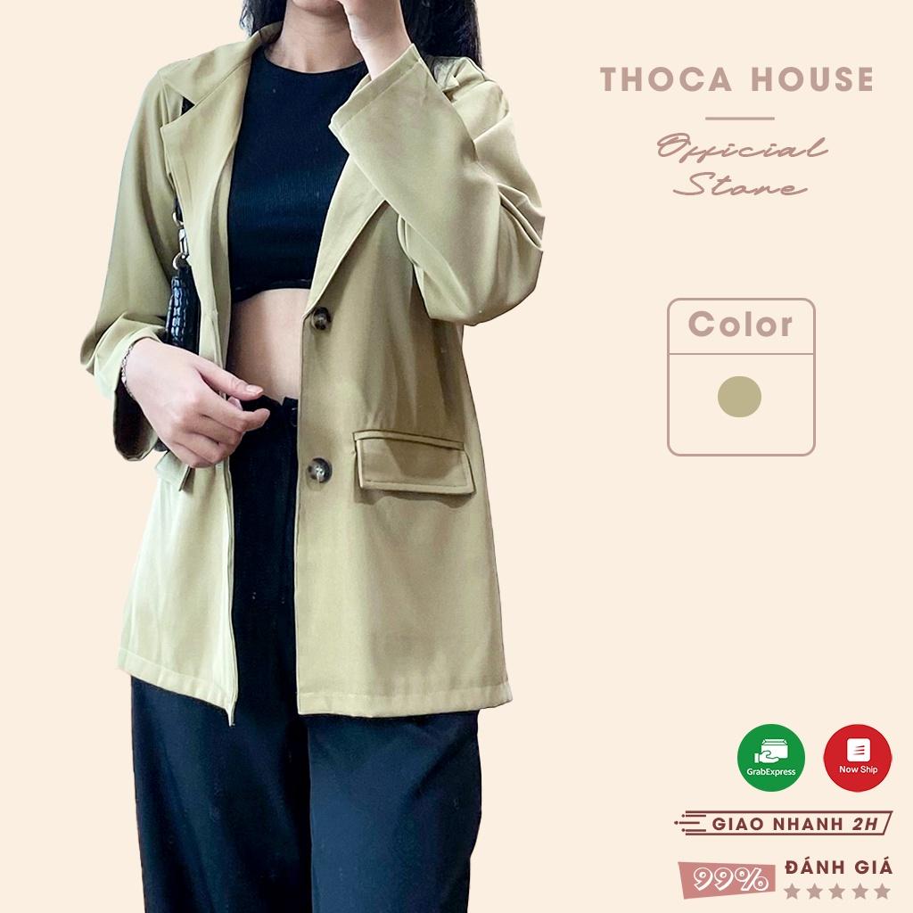 Blazer khoác vest nữ tay dài túi hộp trơn xanh lá mạ THOCA HOUSE phong cách Hàn Quốc công sở, dự tiệc